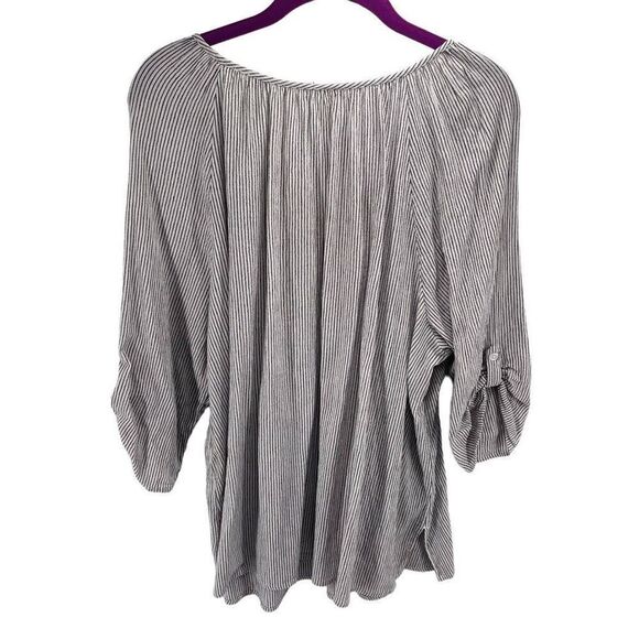 Womens Top Blouse Tunic Roll Tab Sleeve Stretch V Neck Striped Black White 2X - Picture 2 of 9